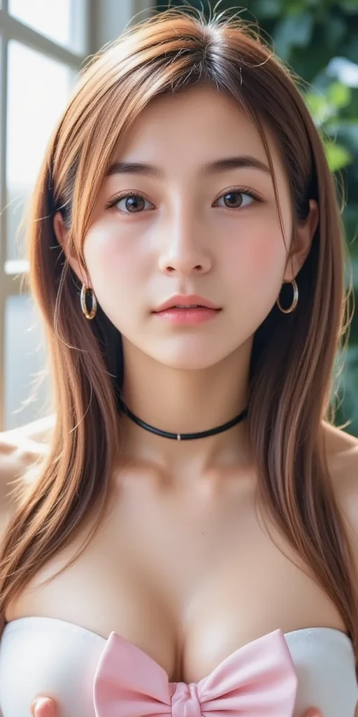 1girl, alone, solitary, high quality, (best quality,4k,8k,highres,masterpiece:1.2),ultra-detailed,(realistic,photorealistic,photo-realistic:1.37),gorgeous hair,orange hair,long straight hair with bangs,sharp eyes,mole under the eye,plump lips,jewelry,(high detailed skin:1.4),(rim lighting:1.3),(lit:1.3),(sunny day:1.3),portrait,beautiful lips,waist-length hair,seductive gaze,moles,casual clothes,colorful clothing,close up,super long hair,choker necklace,tattoos,tattooed,light eyes,bangs,fringe,20 year old,dimples on the cheeks,dimples,red hair,scarlethair,bright orange hair,black,red lips,red lipstick,round lips,round pouty lips,pouty lips,douyin makeup, sparkly makeup,glitter,contact lenses