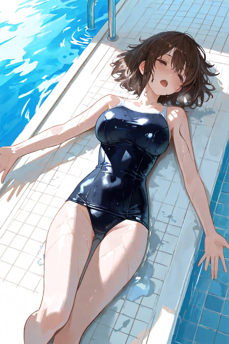 beautiful, masterpiece, Highest quality, anime, One girl,Portrait Shot, View your viewers, Covered、Short Hair、nearby、Blue Eyes、art、White hair,black streaked hair、Thighs、Braid、Bright、smile、Cleavage、 Torn old school swimsuit、Poolside、Lying on your back、Constraints、handcuffs、Shackles、Foot ingots、Black knee socks、Black long gloves