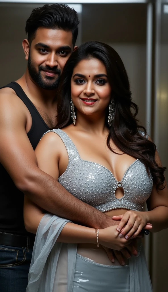 portrait of a big indian lady in scalloped shorts, standing with one little boy (1 boy) in shorts, indian girl has big breasts,boy grabbing the girl, realistic, high detailing, hyper-realistic, 8k (( boy grabbing girl' waist)) , sexual pose, pose, big boobies, cleavage