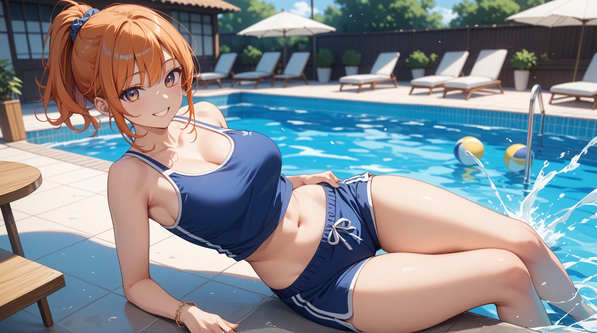 masterpiece, absurdres , (intricate details), (colorful),cinematic lighting,bust shot,extremely detailed CG unity 8k wallpaper ,nami\(one piece \), 1girl, solo,mature female, arm up, looking at viewer, sports bra, locker room,cowboy shot,