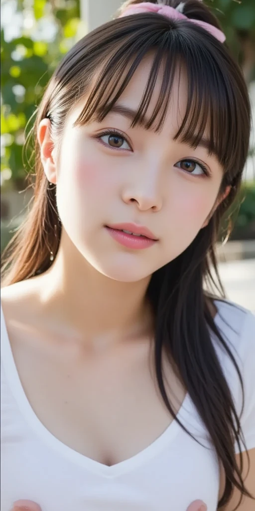 (8k), (highest quality: 1.2), (Realistic), (Realistic: 1.37), Ultra-high resolution, 1 girl, Head to knee photo、cute, smile, Mouth closed, Beautiful details, Beautiful Nose, whole body, Wet Hair, Large Breasts、Saggy breasts、Soft Breasts、Overflowing breasts、Voluptuous thighs、dolly make、Odd Eye、Heterochromia iridis