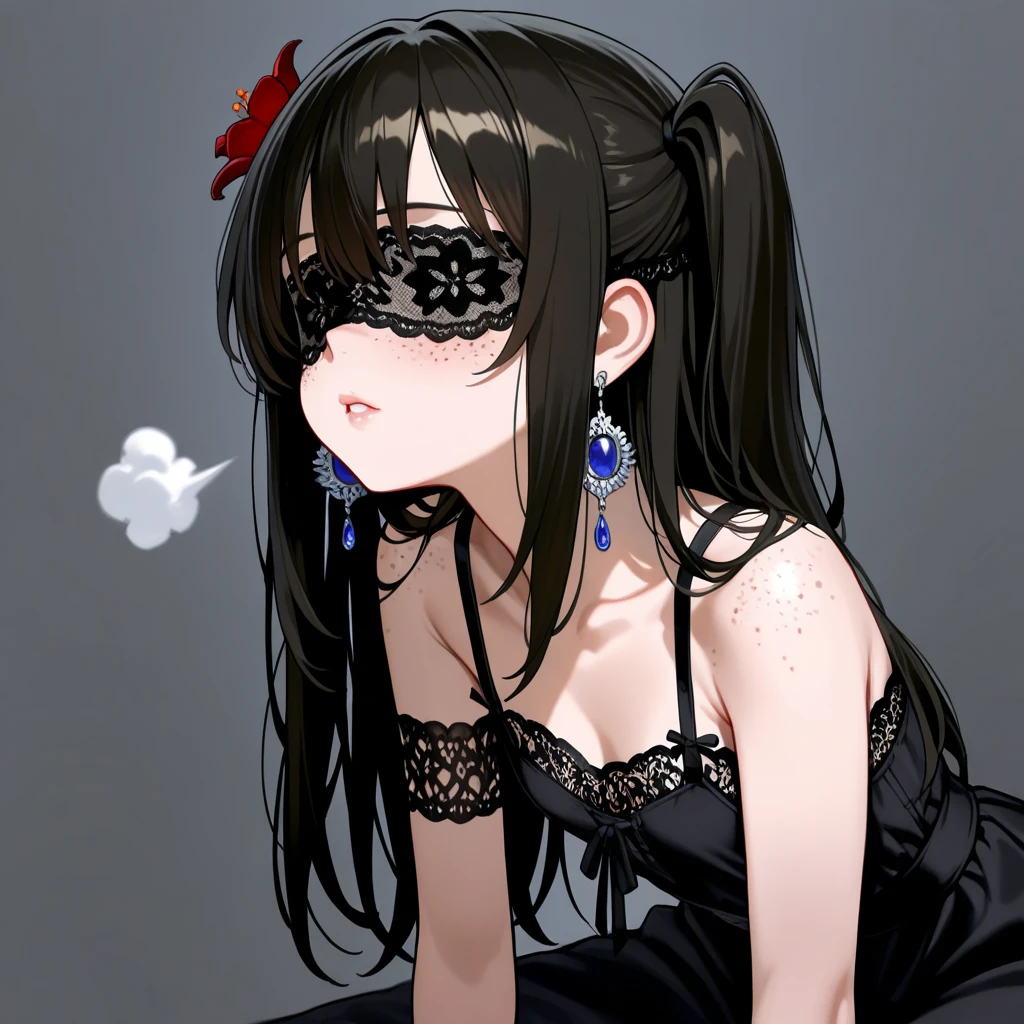handjob gesture,lick,open mouth,tongue out,cum on tongue,front face,from front,front view,looking at viewer, looking ahead,from above,cowboy shot,1girl,Beautiful girl at 13 years old,Japanese,Slender,,low length,Small breasts,Thin legs,Small Ass,Baby Face,Small face,Black Hair,two side up,Black blindfold,blindfold,middle School girls,Sheer black and pink negligee,lingerie,Collar with leash,Kneeling,Straight Stand,Beautiful and detailed anime art,Desire expression,crave,Sexy vibe,Dimly lit room,On the bed,Simple Background,Gray background,Low lighting,
