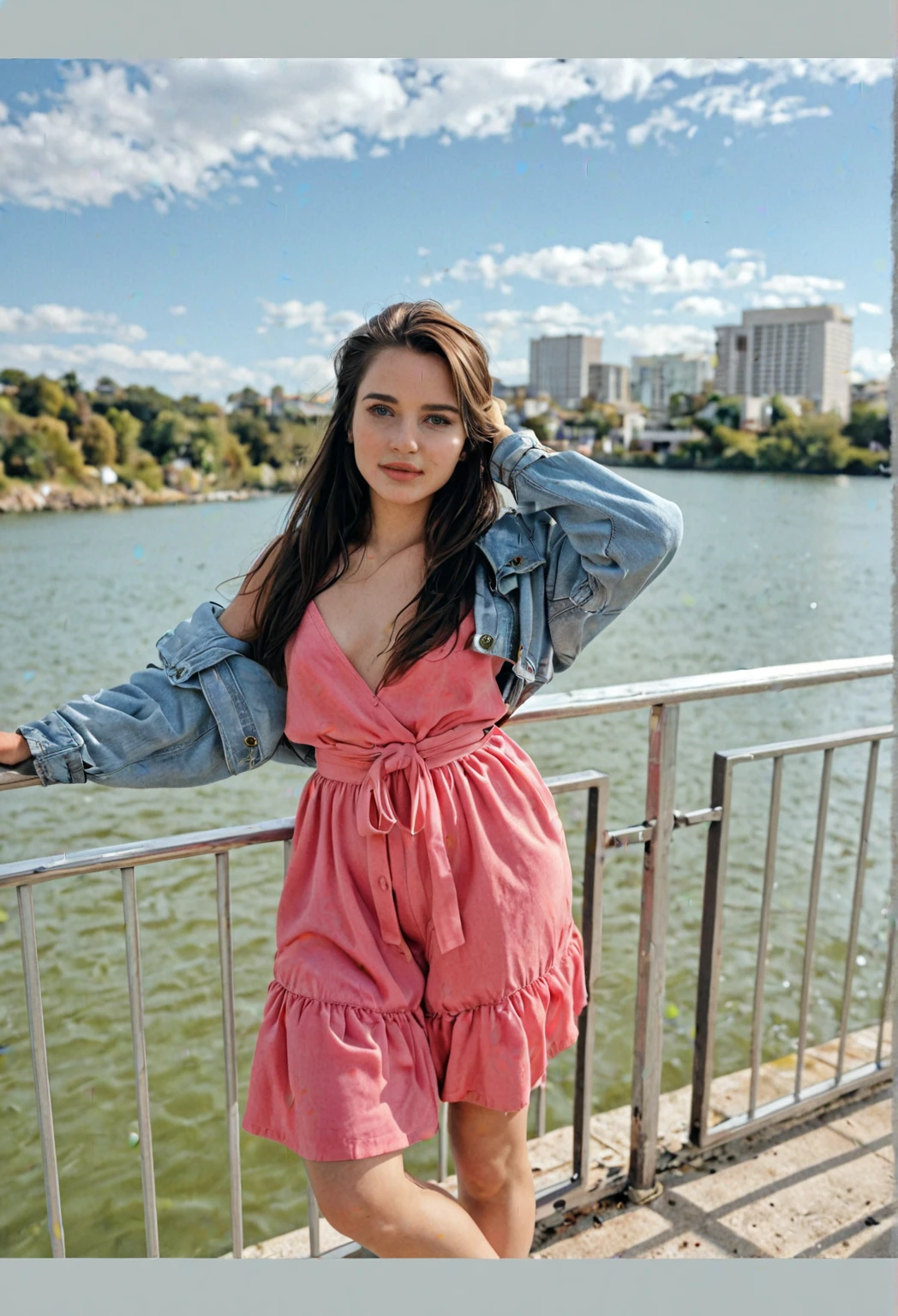 A girl,Fair skin,Long hair,Long floral dress,Sit on the embankment,Facing Ganjiang River,The train passed by the other side of the river,daytime,Back to camera,Back,Overlooking,Summer afternoon