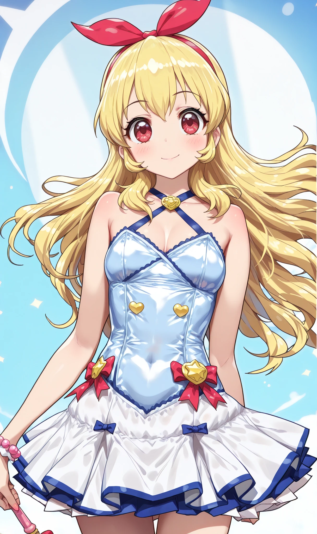 1girl, bright, blonde, light blue eyes, star motif, multicolored hair, princess, saleme, side light, light particles, wallpaper, big, plump, idol, swimsuit, loose fluffy, smile, gentle, clear, loli