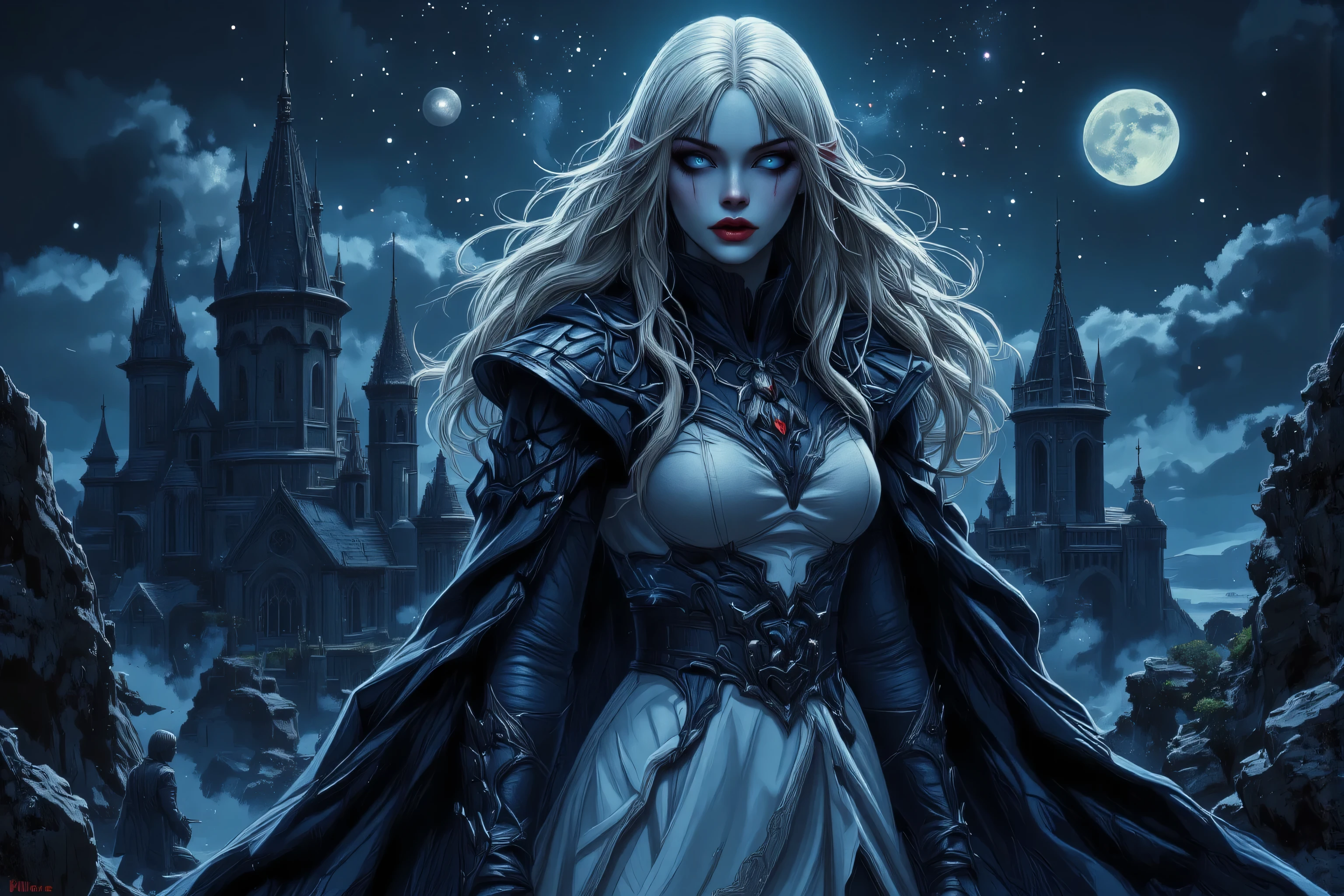 a picture of vampire elf in her castle, an exquisite beautiful female vampire elf standing under the night sky , full body (ultra detailed, Masterpiece, best quality), ultra detailed face (ultra detailed, Masterpiece, best quality), grey skin, blond hair, wavy hair, blue eyes, cold eyes, glowing eyes, intense eyes,  small pointed ears, smirking, smile with [[drops of blood on face]] (ultra detailed, Masterpiece, best quality), dark red lips, [vampire fangs], wearing white dress (ultra detailed, Masterpiece, best quality), dark blue cloak, high heeled boots [[in starry night sky]], high details, best quality, 8k, [ultra detailed], masterpiece, best quality, (ultra detailed), full body, ultra wide shot, photorealism, Boris Valejo style, dark fantasy art, gothic art, many stars,  gothic art, sense of dread,