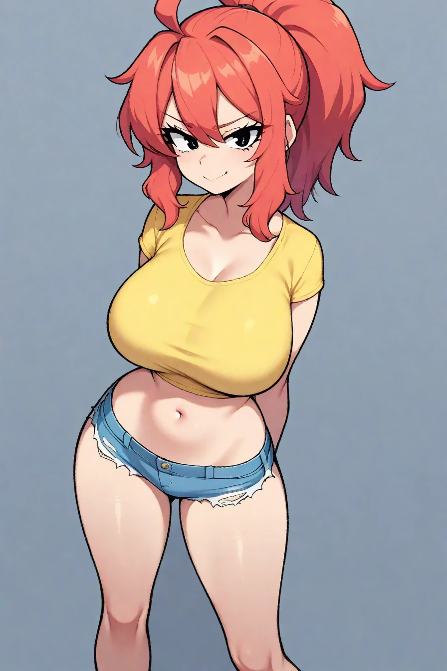 Short jeans azul, 小柄, in this, white top with neckline, big boobies
