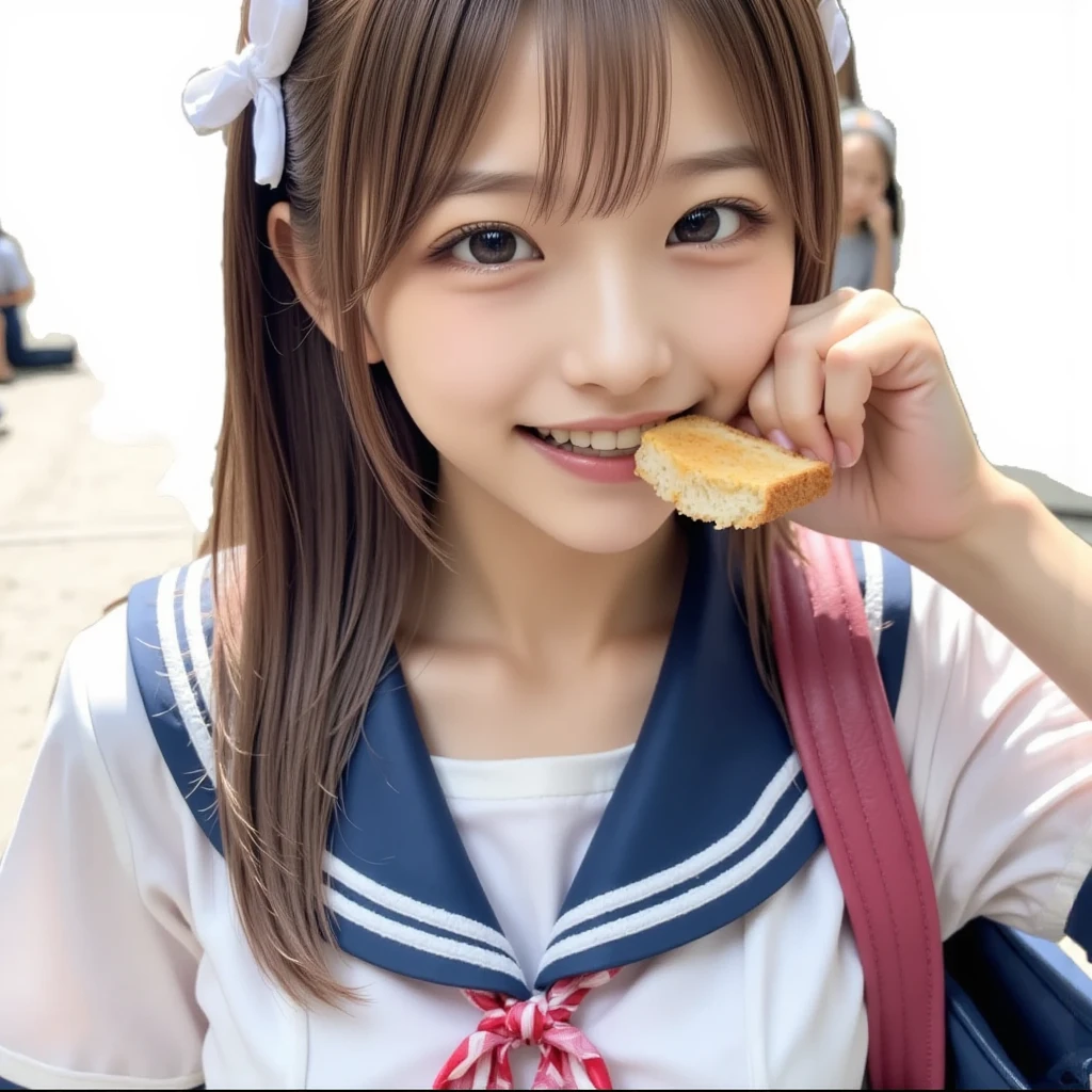 (White color headband:1.4), One Woman, (Beautiful woman, delicate :1.3), Black Hair, (bob cur:1.4), bangs, 8k, Highest quality, masterpiece, Very detailed, Ultra-high resolution, Realistic, RAW Photos, Absolute Resolution, Black Hair, (sky-blue color sailor uniform:1.4), (sky-blue color pleated skirt:1.4), (realistic junior high school student:1.4), small breasts, expensive, bright blue eyes, (In front of the school gate), smile, (standing pose:1.4), (one school bag on shoulder:1.4), (long skirt:1.4), slender female body, (Blur the background:1.4), (looking at the camera:1.4), (glossy hair), (take a piece of bread in one's mouth:1.4), (sprinting while eating bread:1.4), (sprinting pose:1.4),
