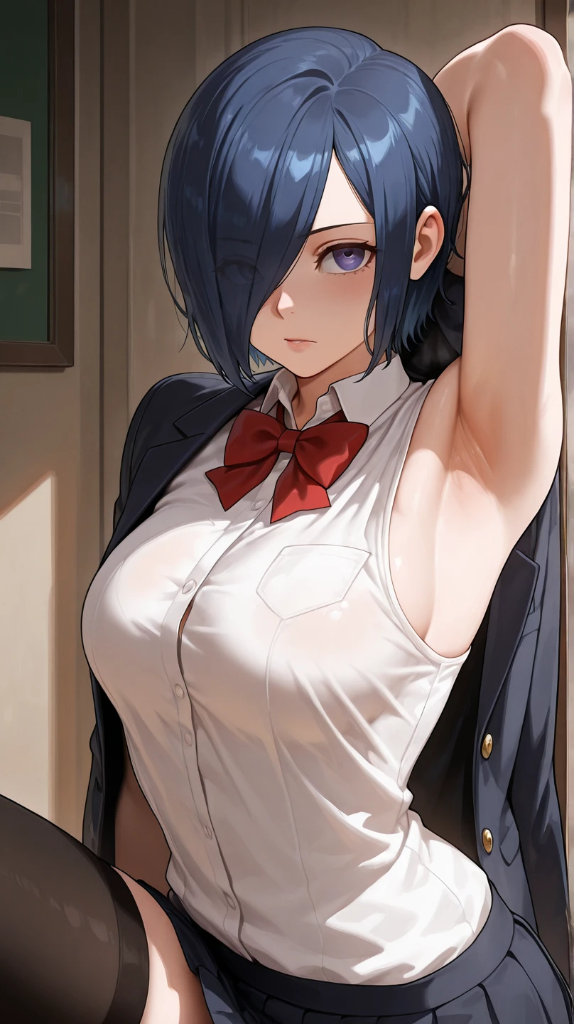 crop top, (gradient hair), black hair, blue hair, short hair, blue eyes, yelendef
BREAK (brown vest, shirt, hair ornament, , white shirt, ponytail, short sleeves, necktie, scrunchie, red necktie:1.2),
BREAK curvy body, facing viewer, sweaty, gorgeous, arms up, straddling, smiling, ((arm warmer)),
BREAK (masterpiece:1.2), best quality, high resolution, unity 8k wallpaper, (illustration:0.8), (beautiful detailed eyes:1.6), extremely detailed face, perfect lighting, extremely detailed CG, (perfect hands, perfect anatomy),