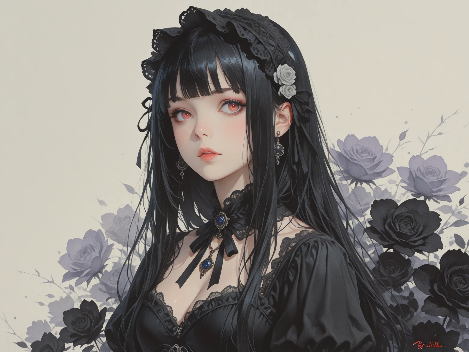 Daughter in black and white dress with black bouquet（Black-purple long hair　eye mask　red eyes　Black angel brim on back）， , baroque dress, , historical baroque dress, fantasy style clothing, victorian gothic lolita fashion, black gothic lolita dress, victorian style costume, in detailed steampunk dress, fantasy dress, witch clothing