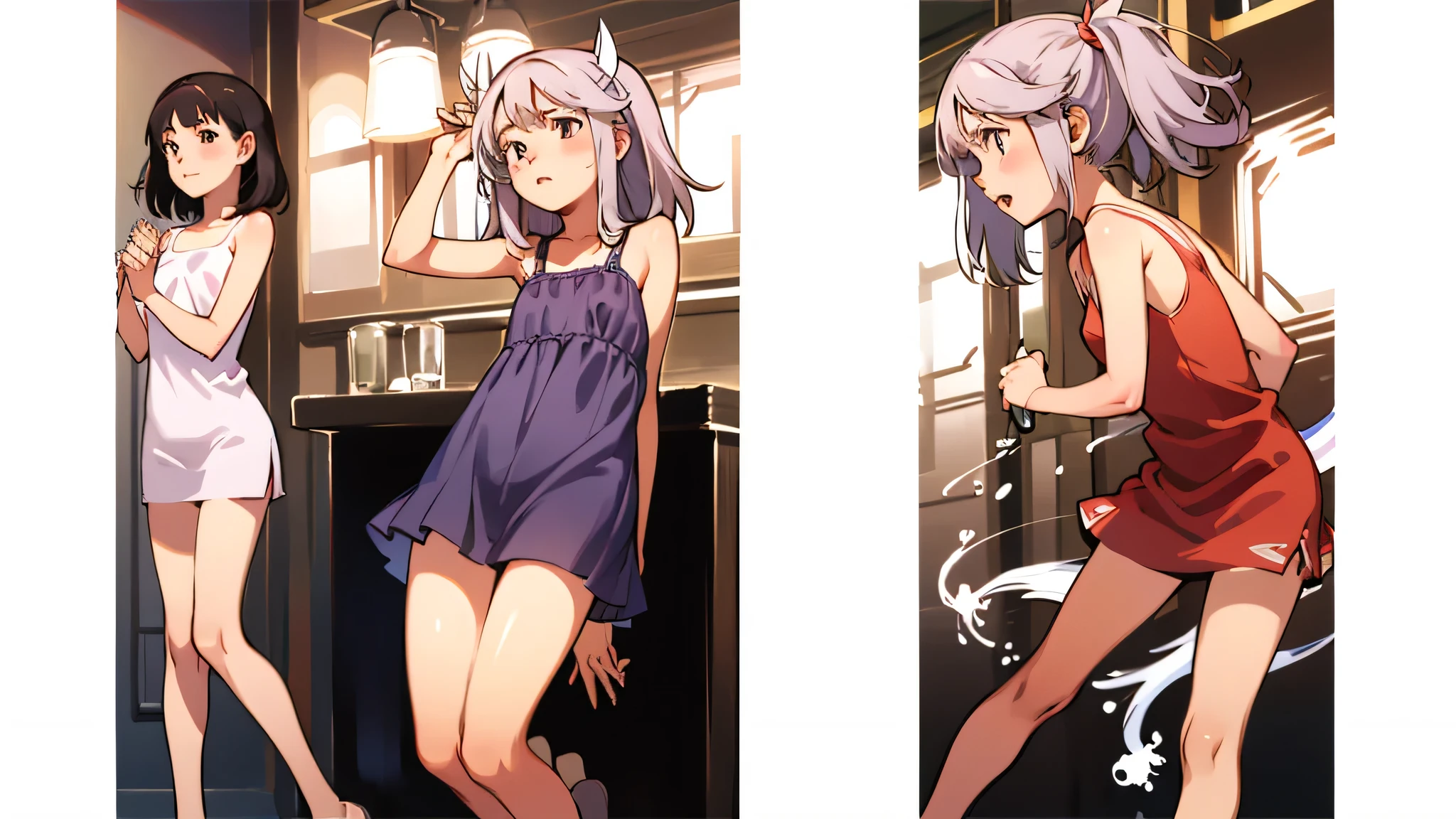 Young girl with grey hair, ((fringed and curly hair)),((curly short twintail)), curly hair ,(red eyes),, ((small bushy eyebrows)), wearing gothic lolita clothing, lolicon , walking to school, bored look, bored face,, suddenly having sex in public, ((doggy style sex)), ((public sex in a restaurant)) naked ass in the male crotch, perfect anatomy, (young boy fucking her)
