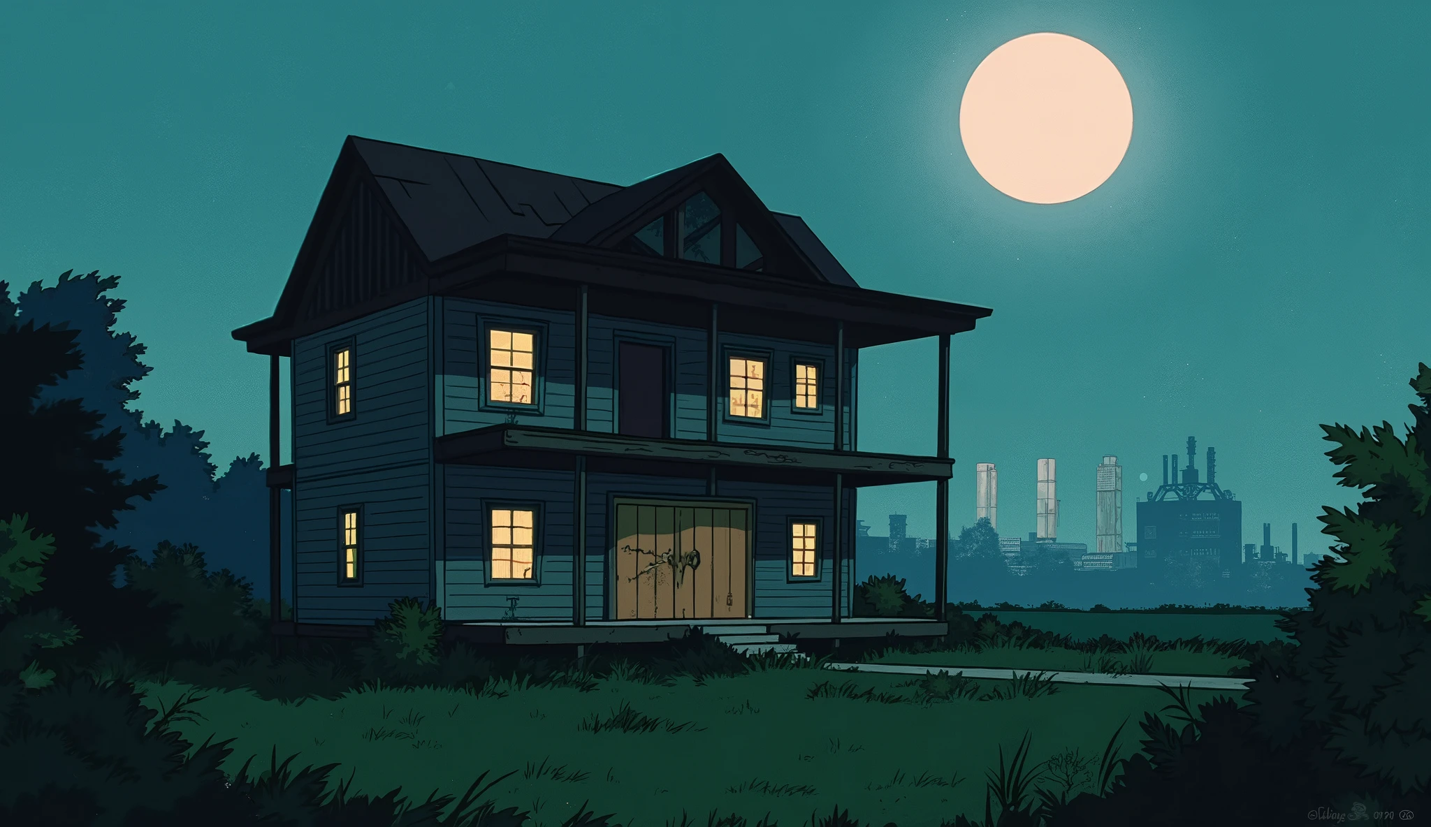 A modest two-story unfinished house built in the back of a large overgrown lot, the second floor visibly incomplete with open window frames and exposed wood beams, an eerie metal door leading to the roof, faint yellowish light coming from the bottom floor windows, deep shadows surrounding the structure, thick grass overtaking the path, old rusted factory ruins in the distant background barely visible through fog, full moon casting cold light over the scene, ominous atmosphere, subtle signs of disturbance like slightly open doors or moved objects, cinematic horror composition, retro anime background style, 1990s analog texture, wallpaper format suitable for subtle animation such as faint flickering lights, slow drifting mist, or shadows shifting behind windows.