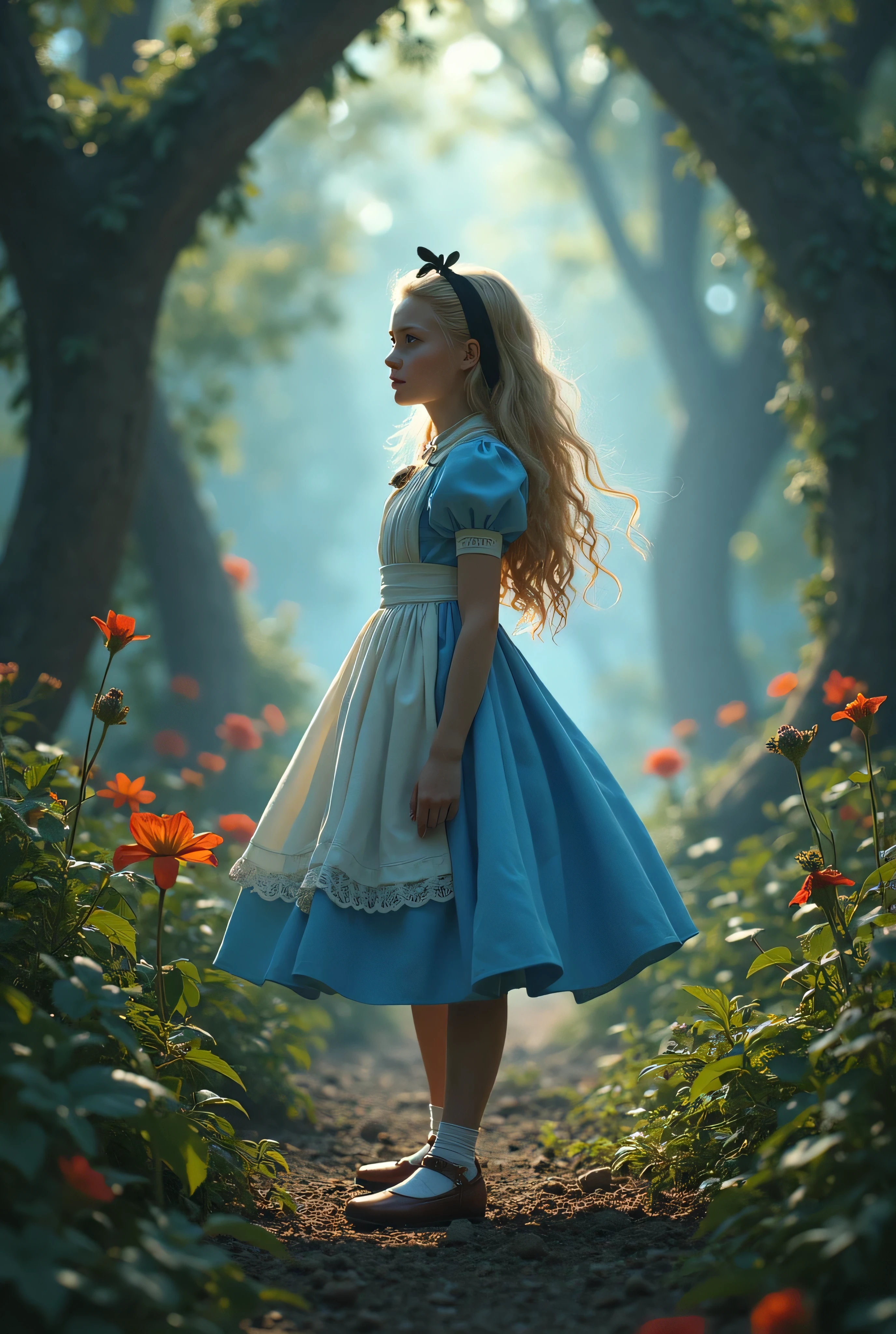 there's a girl in a blue dress walking through the forest, Alice from Alice in Wonderland, real life movie, portrait of alice in wonderland, like alice in wonderland, Alice in Wonderland style, inspired by Alice Prin, photorrealistic, realistic disney photo, in the style of Disney animation, Live action