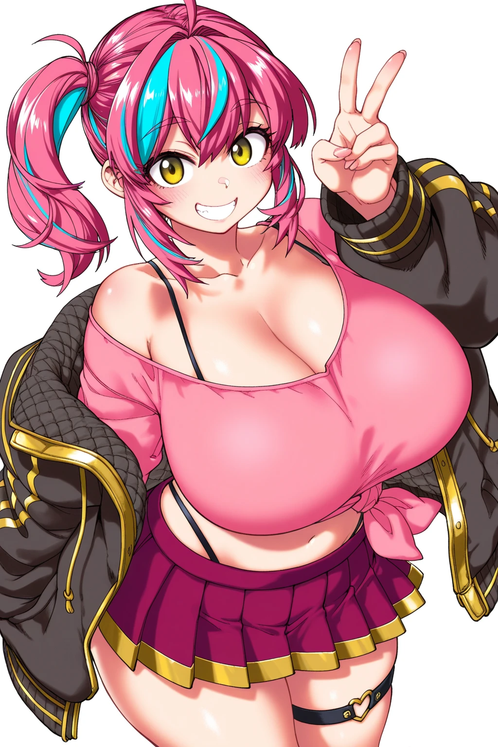 big lips, pink hair, pink eyes, japanese face, improve, improve grin, two sides up, huge breasts, Wide hips, sexy, detailed, pink room, Hits, (evil smile1.4), kawaii, skirt lewd, lewd, GOOD, lewd costume, lewd shirt, choker, lewd skirt, lewd shirt,navel piercing,ropa interior lewd