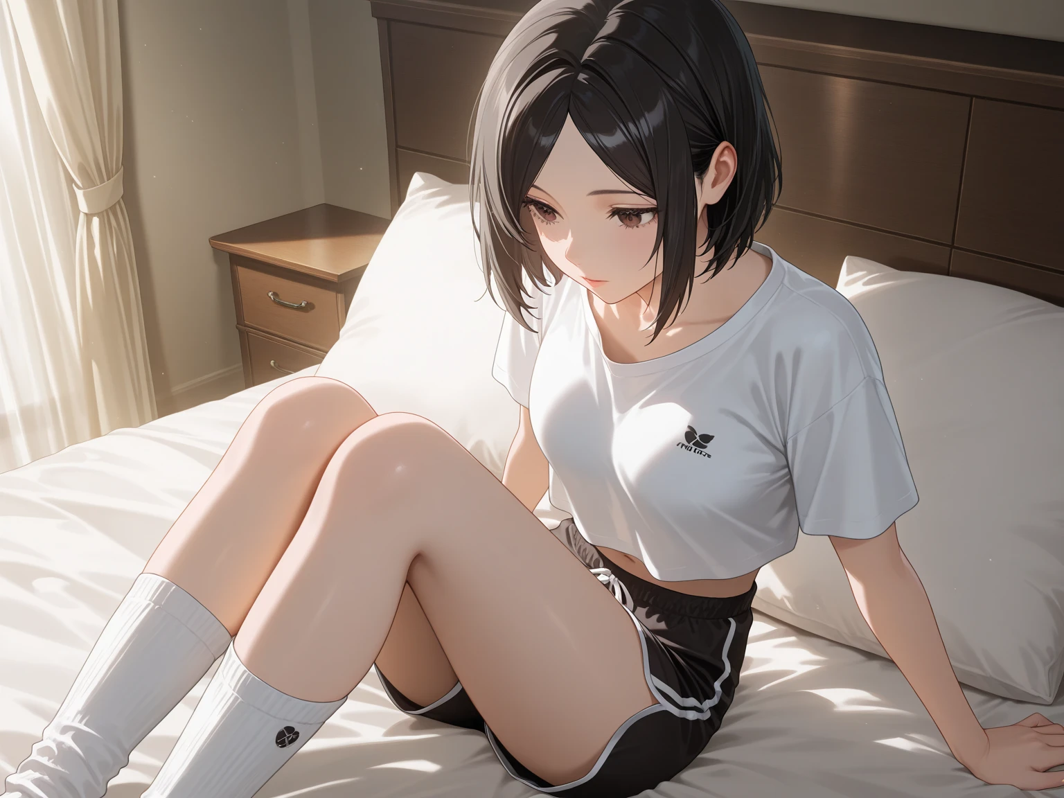 Erica、Pokémon、Black Hair、Short Hair、((Short leggings))、Photo from below、Medium chest、Bedroom、One girl、Red ribbon on head、((Gym clothes with short sleeves))、(Black thigh-high socks)、Poop sitting