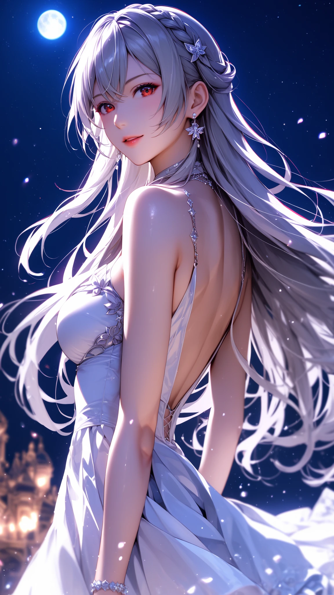((alone、A woman wearing a long halter dress、Elegant woman posing:1.4、Detailed face、Bright expression、Younger, brighter, whiter skin、Best Looks、The ultimate beauty、Silver hair with dazzling highlights、Shiny bright hair,、Super long, silky straight hair、髪がWindで踊る、A little bit of sideboob is visible))(night、Wind、素晴らしい美しい自然のWind景、幻想的なWind景、Particles of light、White Dust、Dust flutters)
