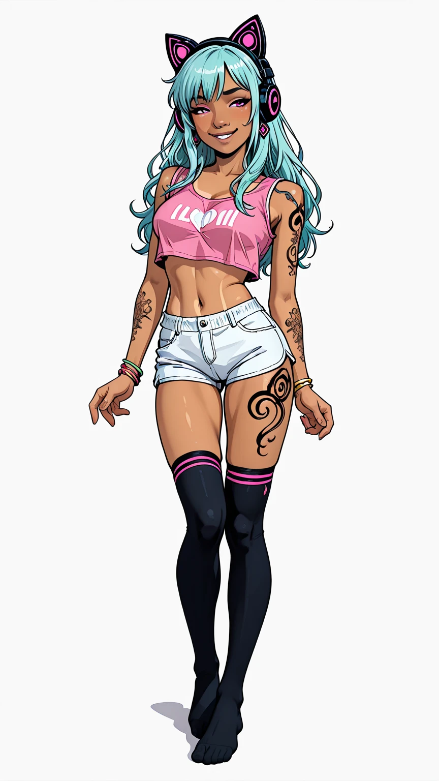 A smug narcissistic pink haired goddess wearing a pink bra and blue pants and lots of jewelry flaunting herself