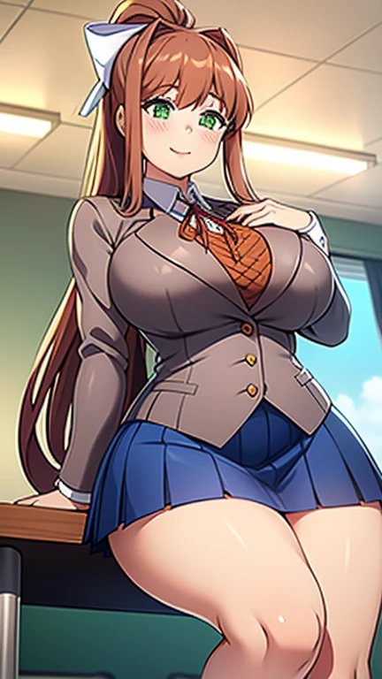Masterpiece, high quality, best quality, beautiful, HD, perfect lighting, detailed face, detailed body, ultra cute face, cowboy shot 1.5, tuned to the side, ((1girl)), ((solo)), cute pose, (Monika),

 brown hair, green eyes, very long hair, ponytail, (white bow), blazer, brown sweater, collared shirt, neck ribbon, blue skirt, school classroom, looking at viewer, (blush),

sweet smile, affectionate, nervous sweat, medium breasts, perky breasts, wide hips, ((thick thighs)), chubby, spoken heart,