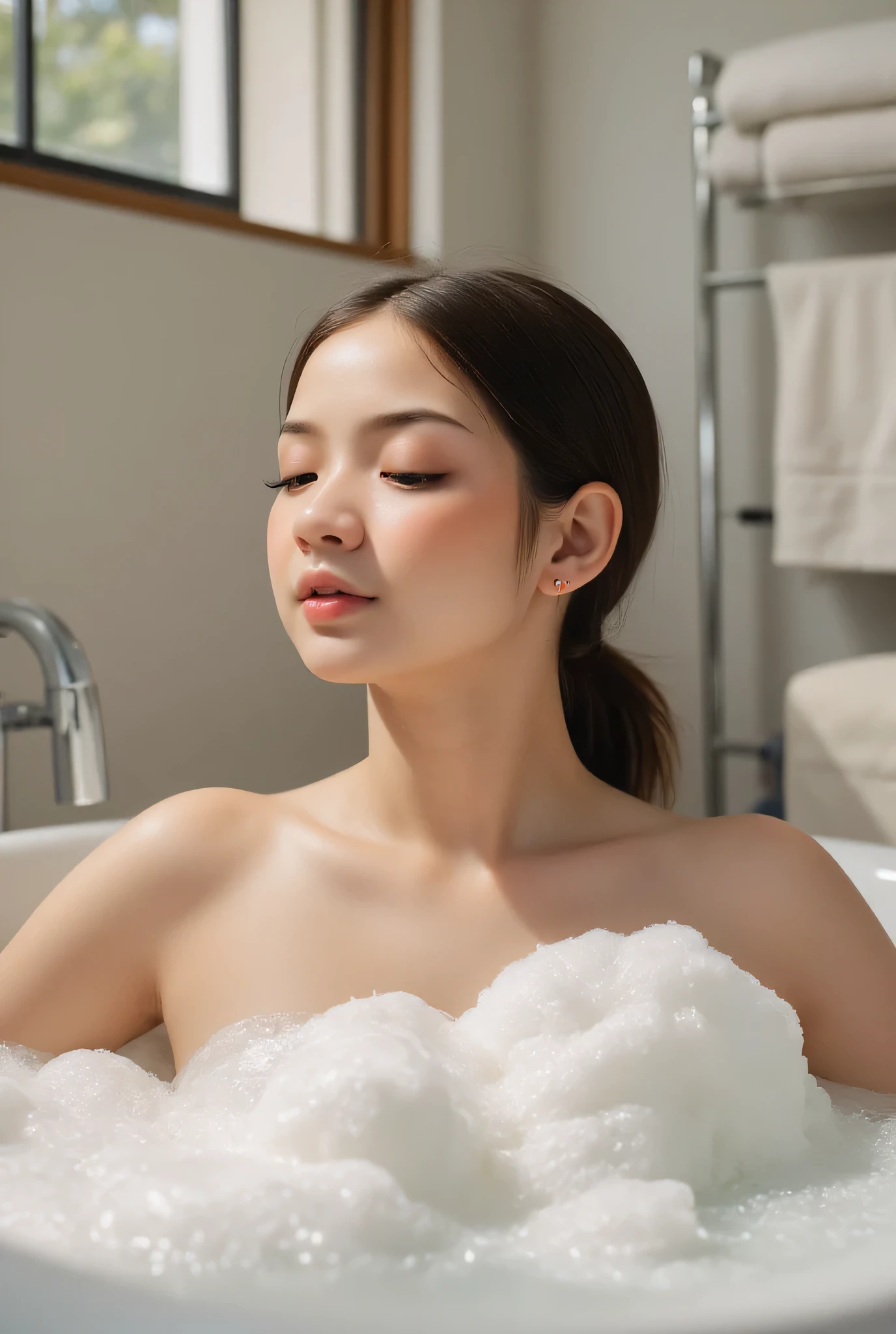 CREATE ANIME CARTOON 3D PHOTO, "A highly realistic, ultra-detailed portrait of a woman relaxing in a bubble bath, captured in the best settings of a SONY A7R with a fast prime lens (f/1.8). The scene features a minimalist bathroom with soft, natural lighting, emphasizing the subject's smooth skin, delicate facial features, and the dynamic texture of the foam. Hyper-detailed textures, cinematic lighting, and a sharp focus create an immersive depth. 32K resolution, photorealistic rendering, skin pores and water droplets visible, ultra-sharp image, professional photography style."
