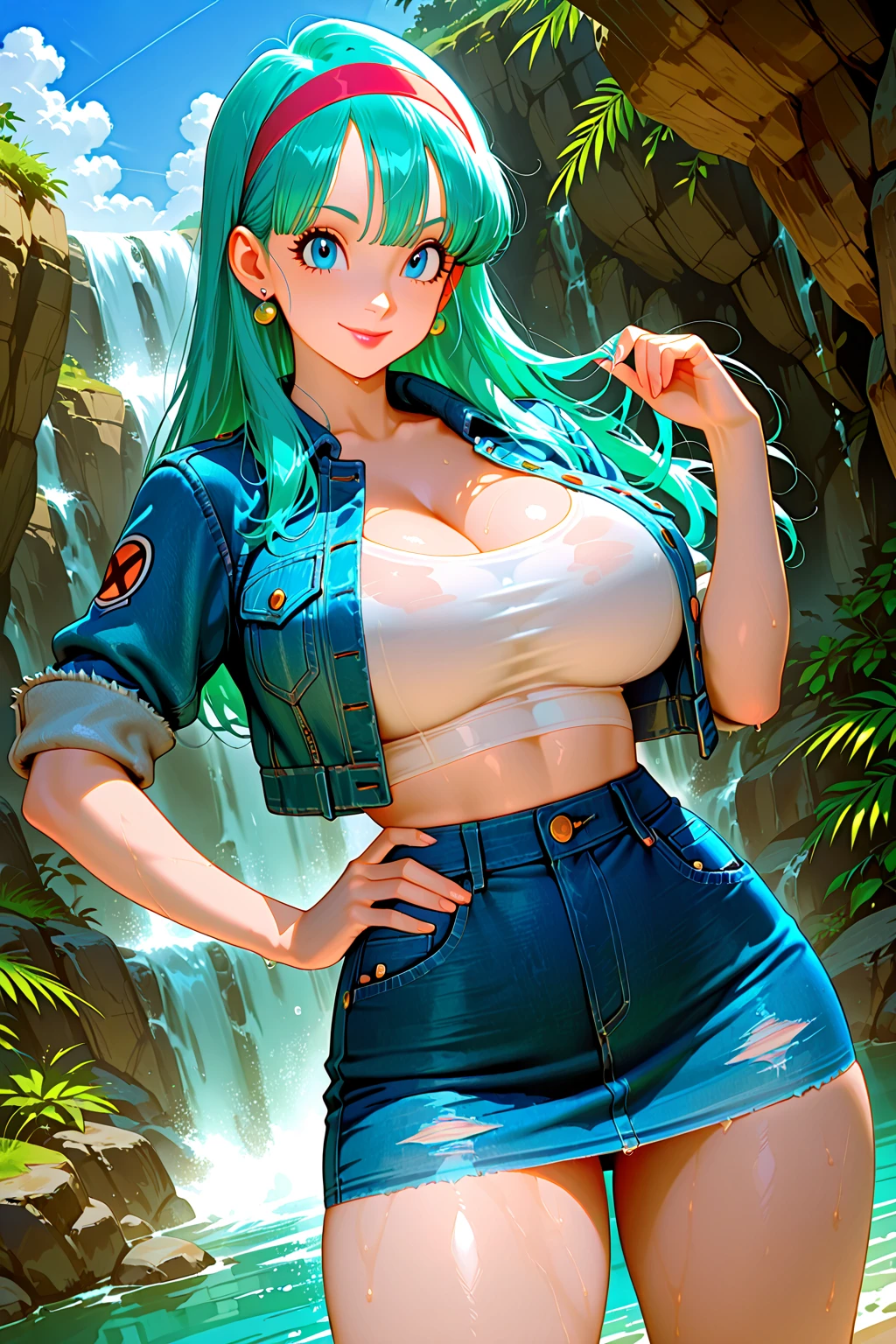 anime girl with green hair and blue shorts posing for a picture, Bulma from Dragon Ball, Saiyan Girl, Fubuki, 青green色の髪のアニメの女の子, Enchanting anime girl, Strongest pose, Muscular!, Akiri Toriyama, Big Breasts!!, Muscular!!, Muscular! green, Big Breasts!, by Kentaro Miura, tits