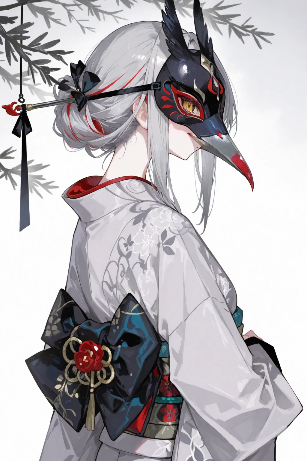 A man who is extremely ugly,Cover the face,Wearing ancient Chinese robes,There are horns on the head,Ugly,The image of a youkai,rich colours,Dark background,Wilted flowers and trees,best qualtiy,8K