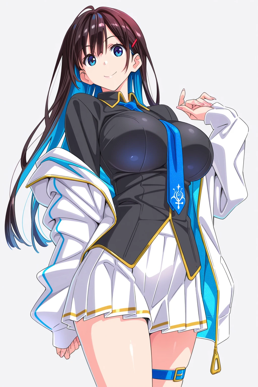 Phantasy Star Portable2 Game Characters Ouka Nagisa ((Big Tits)) One beautiful girl ((Beautiful long black hair)) Jade green eyes Highest quality Bangs Princess Cut ((He wears an eyepatch on his right eye)) White formal wear mini skirt He has a giant blue mechanical sword Her skin is as white as possible, and she wears blue knee-high boots Deuman Mysterious atmosphere Space Station