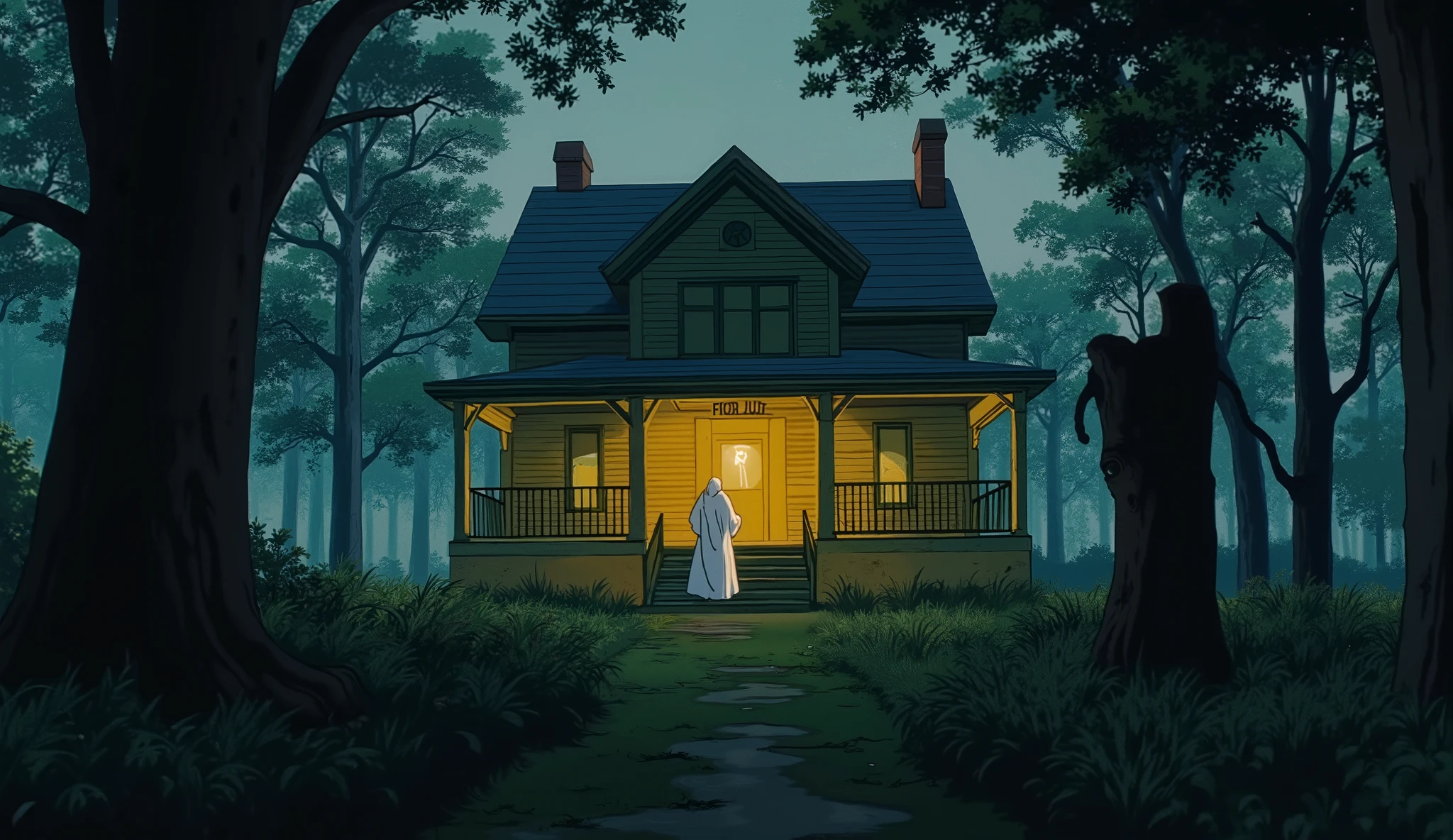 A haunted Southern farmhouse at the edge of an overgrown plantation, surrounded by dark woods and endless dirt paths, the sky unnaturally gray with thick clouds despite daylight, an old wooden stump known as 'the Punishment Post' in the foreground stained and cracked, long grass and weeds surrounding it, subtle chains coiled near its base, the house with a front porch dimly lit by weak yellow light, shadowy figures barely visible among the trees, a tall man in white faintly walking in the distance, retro 1990s anime style, eerie and melancholy atmosphere, horror aesthetic with faded colors and analog texture, cinematic wide-angle composition, designed for a seamless animated loop (e.g., mist moving through the trees, shadows shifting, porch light flickering slightly, faint wind through the trees).