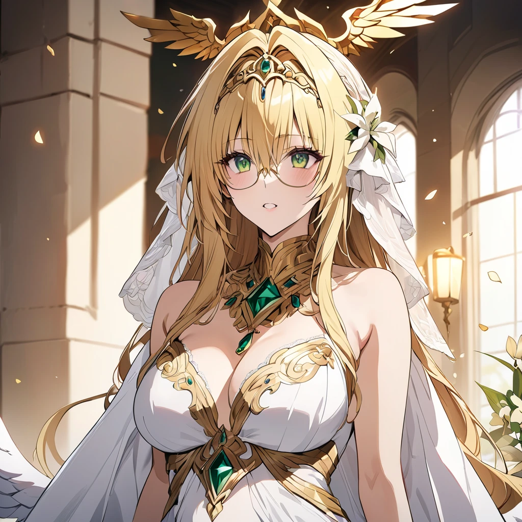 ((Highest quality)), ((masterpiece)), (detailed), （Perfect Face）、The woman was a great angel who became the Greek goddess Hera.６An archangel and god with wings and a shining halo above his head.々Goddess Tiara, wife of Zeus, king of the gods, and queen of the sacred gods.、The woman was the beautiful goddess Goddess Tiare, queen of the one and only god Zeus. She had green eyes and medium-long blonde hair. She was wearing a pure white wedding dress with gorgeous gold embroidery and trimmings, a gorgeous vintage wedding veil, gorgeous jewelry and decorations, an engagement ring, and gorgeous accessories. She was an elegant goddess, the graceful and beautiful queen of the gods, Goddess Tiare.