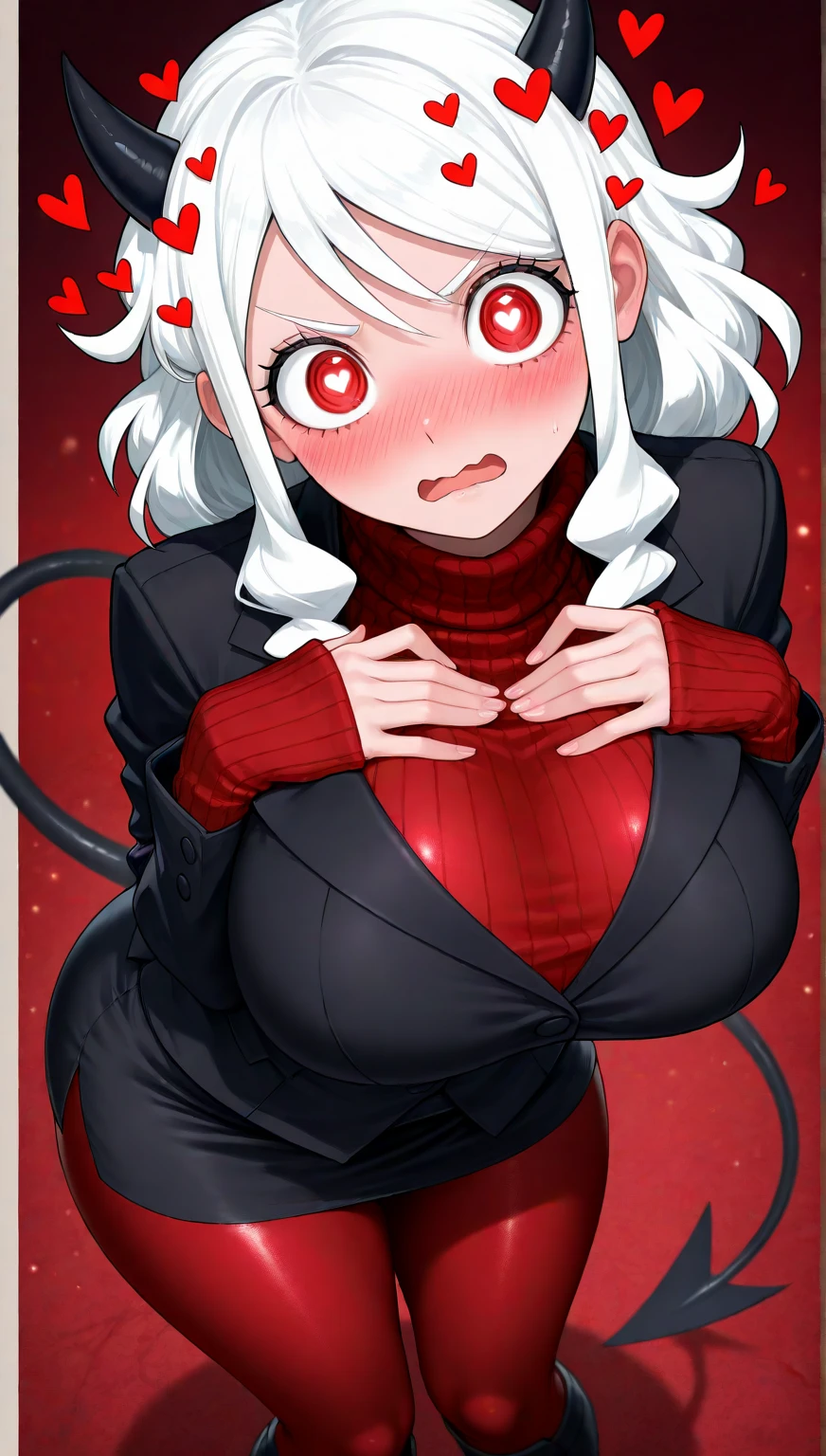 masterpiece, best quality, amazing quality, very aesthetic, high resolution, ultra-detailed, absurdres, newest, scenery, 1girl, solo, cute, modeus\(helltaker\), helltaker, demon girl, black demon tail, red eyes, ringed eyes, , v-shaped eyebrows, wide-eyed, open mouth, wavy mouth, black demon horns, short white hair, heavy nose blush, formal black jacket, black suit,  red turtleneck ribbed sweater sleeves past wrists, wide , , large , business skirt, red pantyhose, black knee boots, hearts, symbol-shaped pupils, heart-shaped pupils, looking at viewer, from above, dutch angle, standing, twisty pose, head tilt, hip tilt, twisted torso, leaning forward, diagonal angle,  suppress from top with own hands, portrait, upper body, close-up, face focus, (fine fabric emphasis, detailed clothes:1.2), heart particles, [red background:helltaker background:11], BREAK, detailed eyes, vignetting, detailed background, depth of field, volumetric lighting, ray tracing