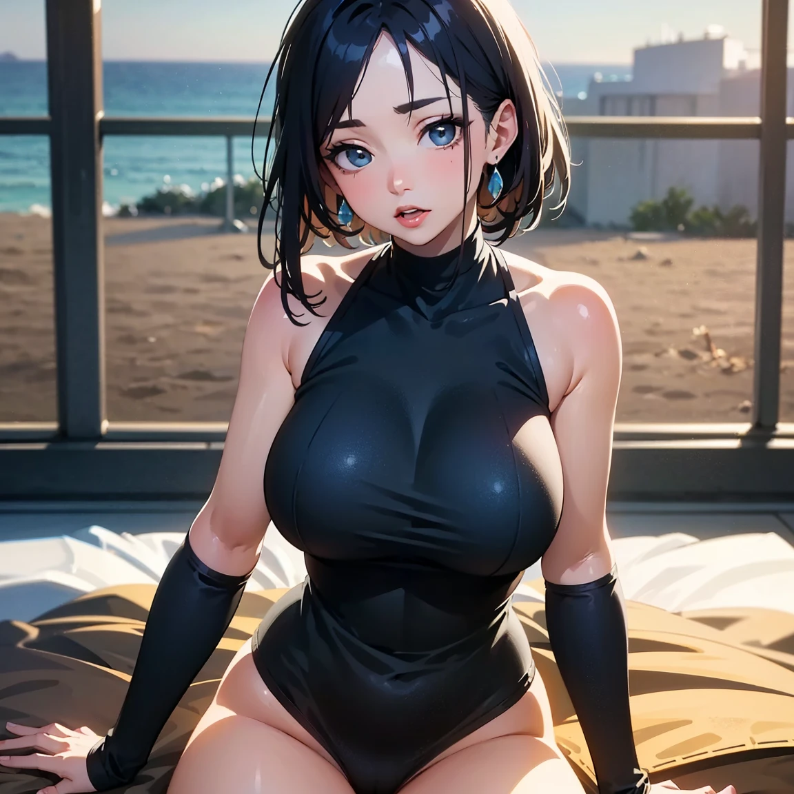 (top-quality: 1.3), (masterpiece: 1.3), (The ultra-detailliert: 1.3), (wall-paper, one girls: 1.1)、(Detailed hands and fingers:1.2)、(Detailed ultra-oily shiny skin:1.1)、oily shiny thighhigh、(Beautiful gray competition swimsuit:1.4)、(Competition swimsuit with light blue lines)、A dark-haired、(Ahegao:1.5)、sticking out the tongue、red blush、full of shyness、ssmile、(Beautiful Large Breasts:1.3)、Braid hair、Beautiful sister、(Sit up:1.2)、sexypose、swimming stadium、spectator seats