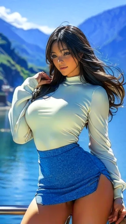 Beautiful indian woman posing, gorgeous, photoshoot pose, portrait, wearing coat and short jeans, standing on ice, winter, detailed face, cute, big eyes, iconic, photorealistic, mountain village, detailed background, big breasts, minimal clothing, wet body, long braid hair, curvy body, symmetric face, masterpiece, 8k, ultra realistic