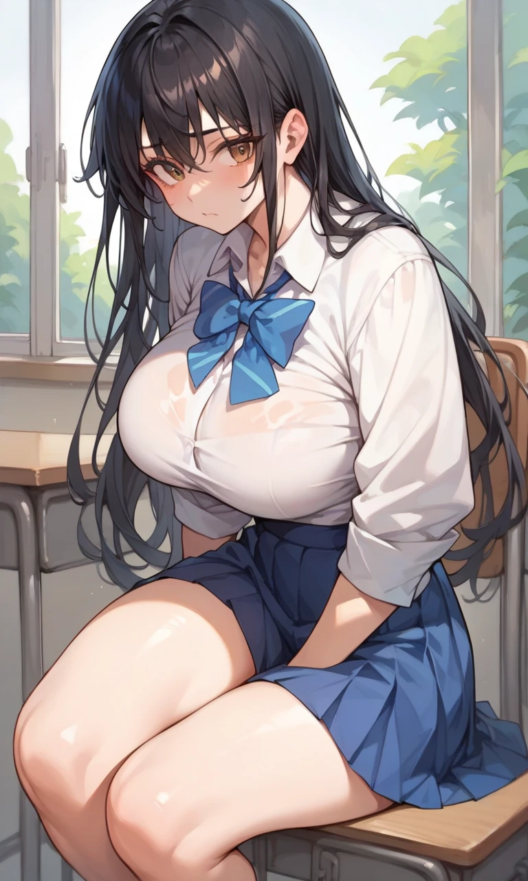 Masterpiece, best quality,alp artstyle,Nozomi Tojo, cowboy shot,low twintails ,big breasts, shirt , skirt,earrings, in class, sitting above desk table