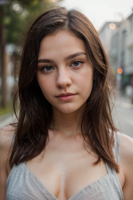 A photorealistic portrait of a 24-year-old French girl with long, flowing brown hair and striking Blue eyes. She should have a natural, approachable expression and be illuminated by soft, golden-hour sunlight. The background should be a scenic outdoor setting, perhaps a sunlit park or beach. Capture this image with a high-resolution photograph using an 85mm lens for a flattering perspective.
