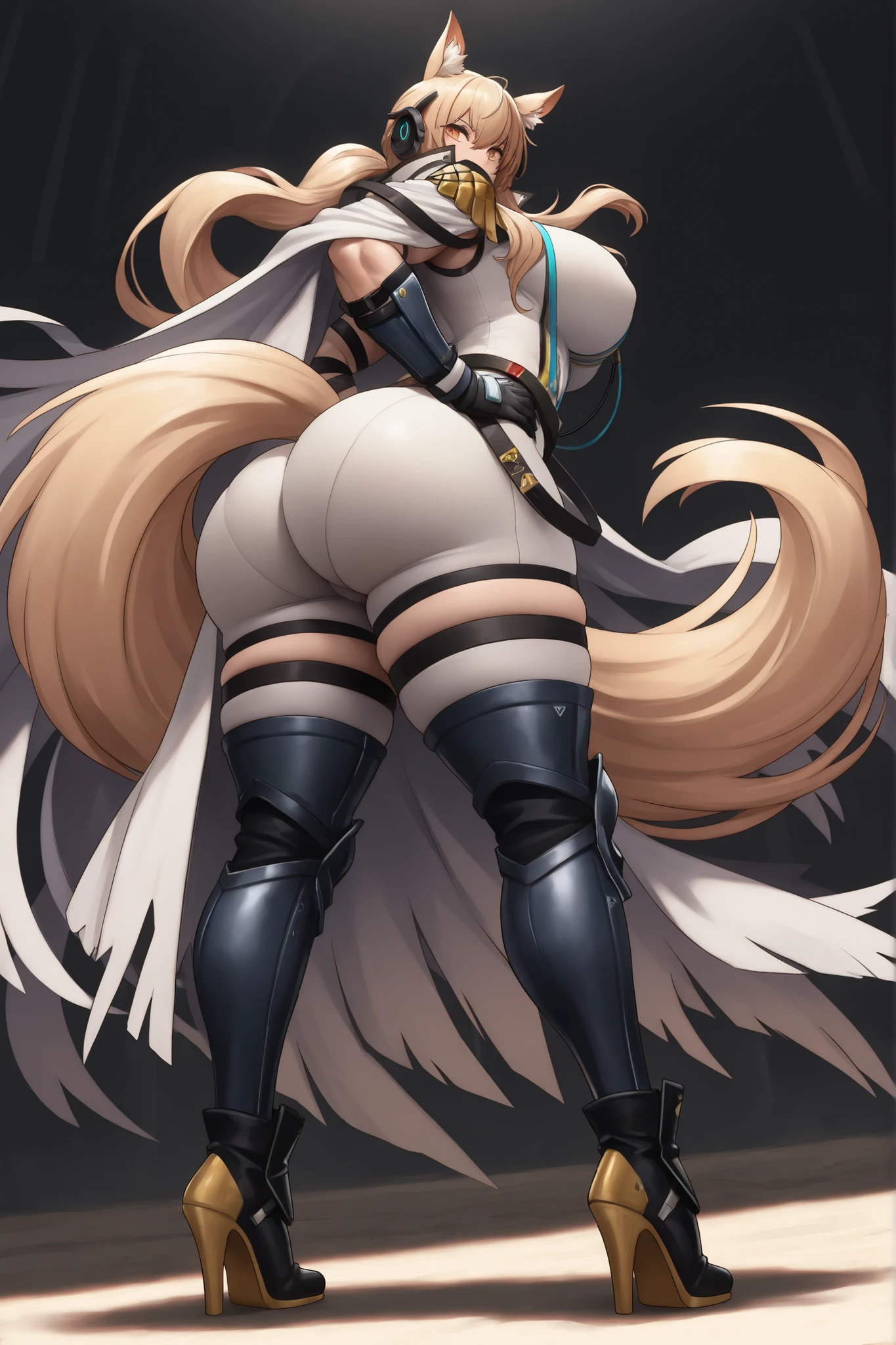 bunny girl, solo, white fantasy Healer's armor, grey eyes, long white hair, bushy ponytail, bushy bangs, full body, standing, full body shot, looking at viewer, shy smile, skindetantion, skindentation on breasts, seductive, huge hips, huge breasts, huge thighs, huge ass, white bunny ears with black tips, dark eye shadow