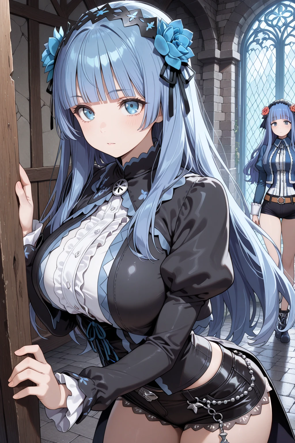 (masterpiece), (best quality),highres, ultra detailed, professional lighting, photography, esdeath, long hair ,blue hair, blue eyes, <lora:esdeath1:0.8>,formal wear, blouse, peaked cap, thigh boots, black belt ,black dress, black tie,black pantyhose, looking at viewer, goddess, detailed background, gala party, glamor, <lora:virgin_killer_outfit:1>