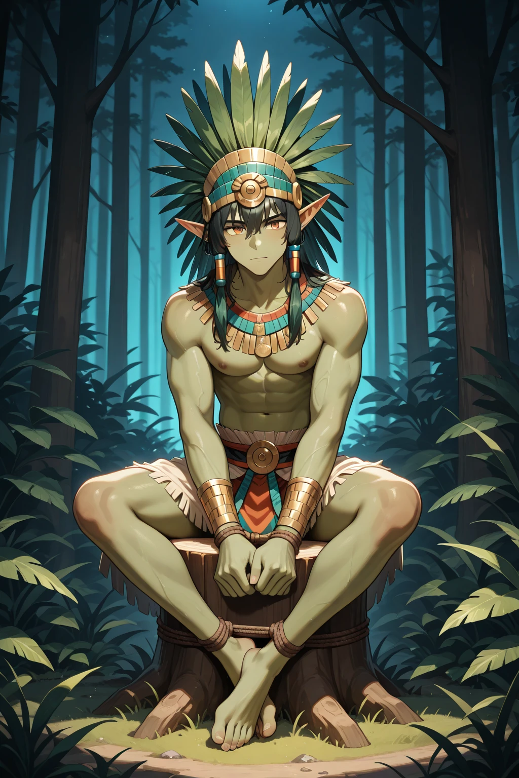 young, indigenous man, 30s, white and green hair, green eyes, tribal red face paint, evil look, in a forest, divine aura, powerful warrior, super white skin, with leaves covering his crotch