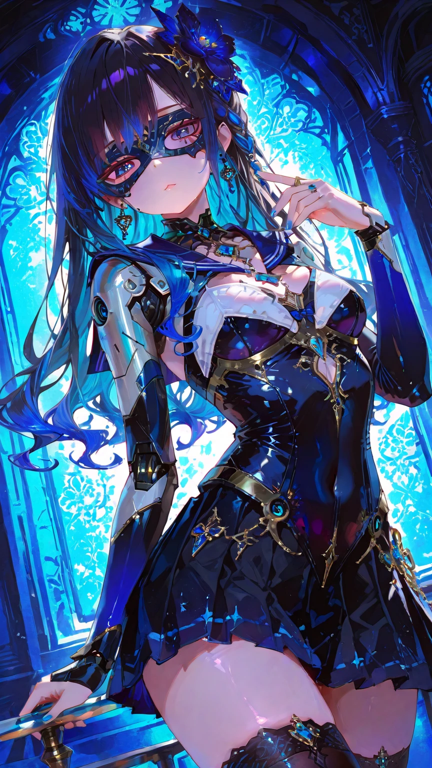 Adult female,long black blue hair, blue eyes,hourglass body figure