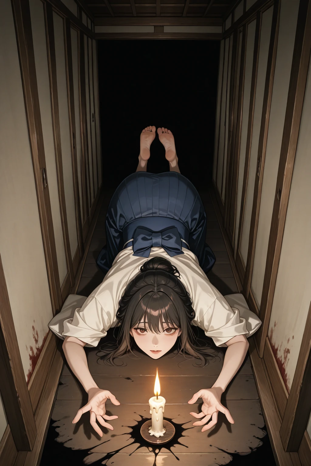 anime scene of a woman in a prison cell with arms outstretched, in prison, haibane renmei, in a prison cell, sitting in a prison, anime style like fate/stay night, inspired by Munakata Shikō, the woman is behind bars, in jail, prison scene, style of madhouse anime, prisoner, prison background
