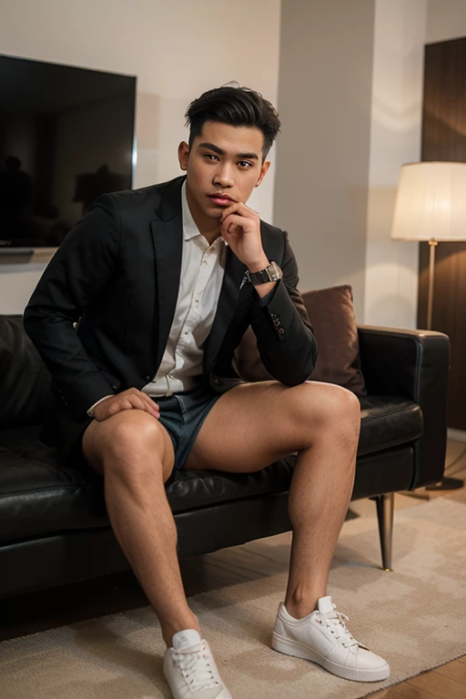 A young Thai man, naked, sits with his legs raised, thin, has a muscular stomach, wearing tight black leather underwear, looking towards the viewer.