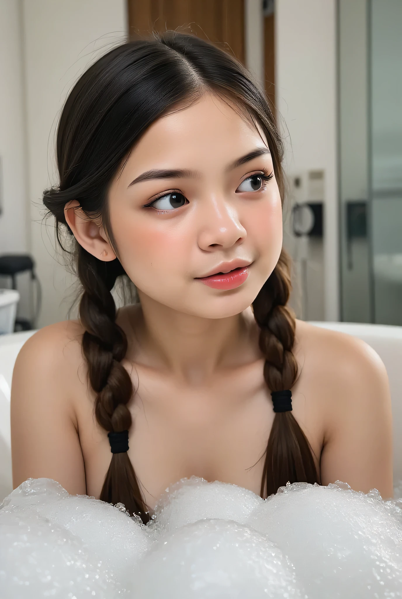 The facial reaction is very gloomy and sad, CREATE ANIME CARTOON 3D PHOTO, "A highly realistic, ultra-detailed portrait of a woman relaxing in a bubble bath, captured in the best settings of a SONY A7R with a fast prime lens (f/1.8). The scene features a minimalist bathroom with soft, natural lighting, emphasizing the subject's smooth skin, delicate facial features, and the dynamic texture of the foam. Hyper-detailed textures, cinematic lighting, and a sharp focus create an immersive depth. 32K resolution, photorealistic rendering, skin pores and water droplets visible, ultra-sharp image, professional photography style." Wajah KELIHATAN muram Dan sedih, Two braids hairstyle Left and right