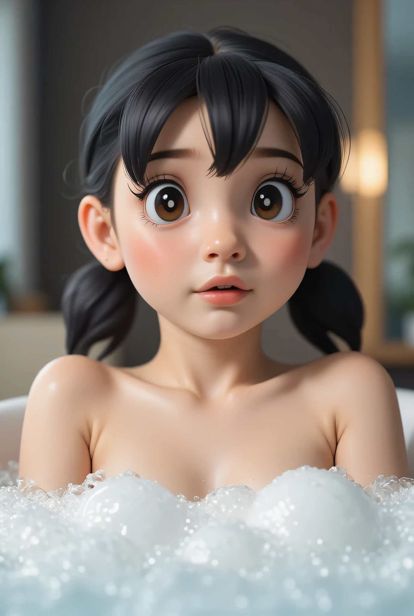The facial reaction is very gloomy and sad, CREATE ANIME CARTOON 3D PHOTO, "A highly realistic, ultra-detailed portrait of a woman relaxing in a bubble bath, captured in the best settings of a SONY A7R with a fast prime lens (f/1.8). The scene features a minimalist bathroom with soft, natural lighting, emphasizing the subject's smooth skin, delicate facial features, and the dynamic texture of the foam. Hyper-detailed textures, cinematic lighting, and a sharp focus create an immersive depth. 32K resolution, photorealistic rendering, skin pores and water droplets visible, ultra-sharp image, professional photography style." Wajah KELIHATAN muram Dan sedih