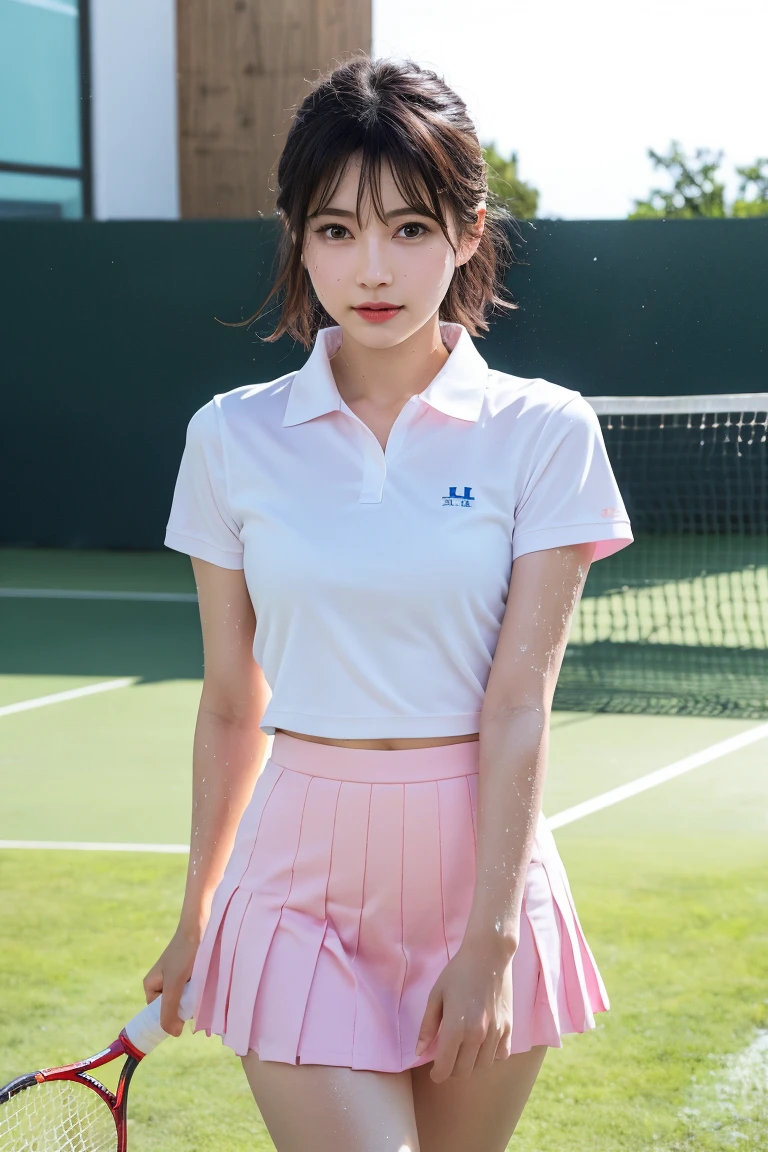 (masterpiece), (Highest quality),Ultra-high resolution, Caustics, Familiar, Beautiful Familiar FACE,Perfect Anatomy,Cowboy Shot,Solo 8 year old beauty、日BookのBookを読む人、Black Hair,Short Bob Hair,black eye,Slender body,Ideal body type,Medium chest,Sunburned skin,Glowing Skin,Oily skin,Shiny skin,Are standing,Ponytail or twin tail or bun braid twin tail,((Breathable latex、Breathable tennis uniform、Breathable white polo shirt、Breathable white pleated mini skirt)),tennis racket1Book、正しく描かれたtennis racket:1.12、Outdoor、Tennis court、,Full body image,(beautiful pussy line:1.10),(She has a very cute, young face.:1), 、(Very young and busty:1.2),(Glasses girl:30%),(Very breathable lace underwear),(Sometimes my nipples pump:1.4)
