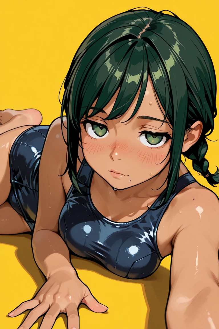 Hulk woman, long dark green hair, green eyes, green skin, dressed in a purple bikini, in a very sexy hot, sweaty position, beach background
