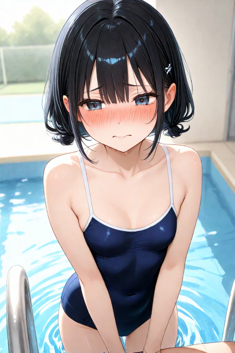 school swimwear, one piece swimsuit, black hair, Watery eye, Punishment, crying face, scream, in agony, Desperately struggling, Like a TV show, whole body, shame, Taking a bath，bathtub，hot water bath，steam, whole bodyがお湯の中, Bright red skin, Withstands the heat, Being boiled, Hot Water Commercial, The challenge of withstanding boiling water