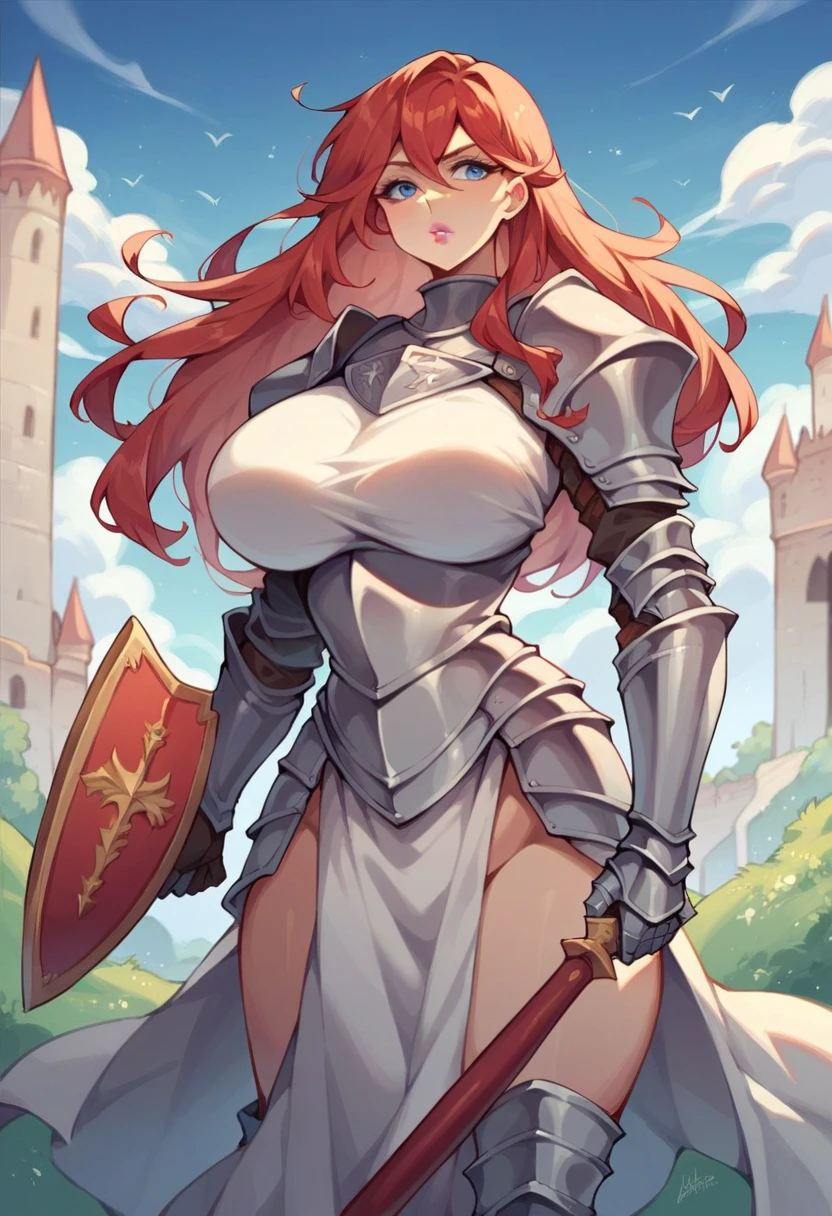 (masterpiece:1.2), (best quality:1.2), perfect eyes, perfect face, perfect lighting, 1girl, mature female, fantasy, winged helmet, visor, heavy gauntlets, pauldrons, lace stockings, cleavage, green dress, (detailed background, sky, castle) <lora:dragonsCrownStyleHappy_dragonscrown768:0.2>, red hair, heavy black armor