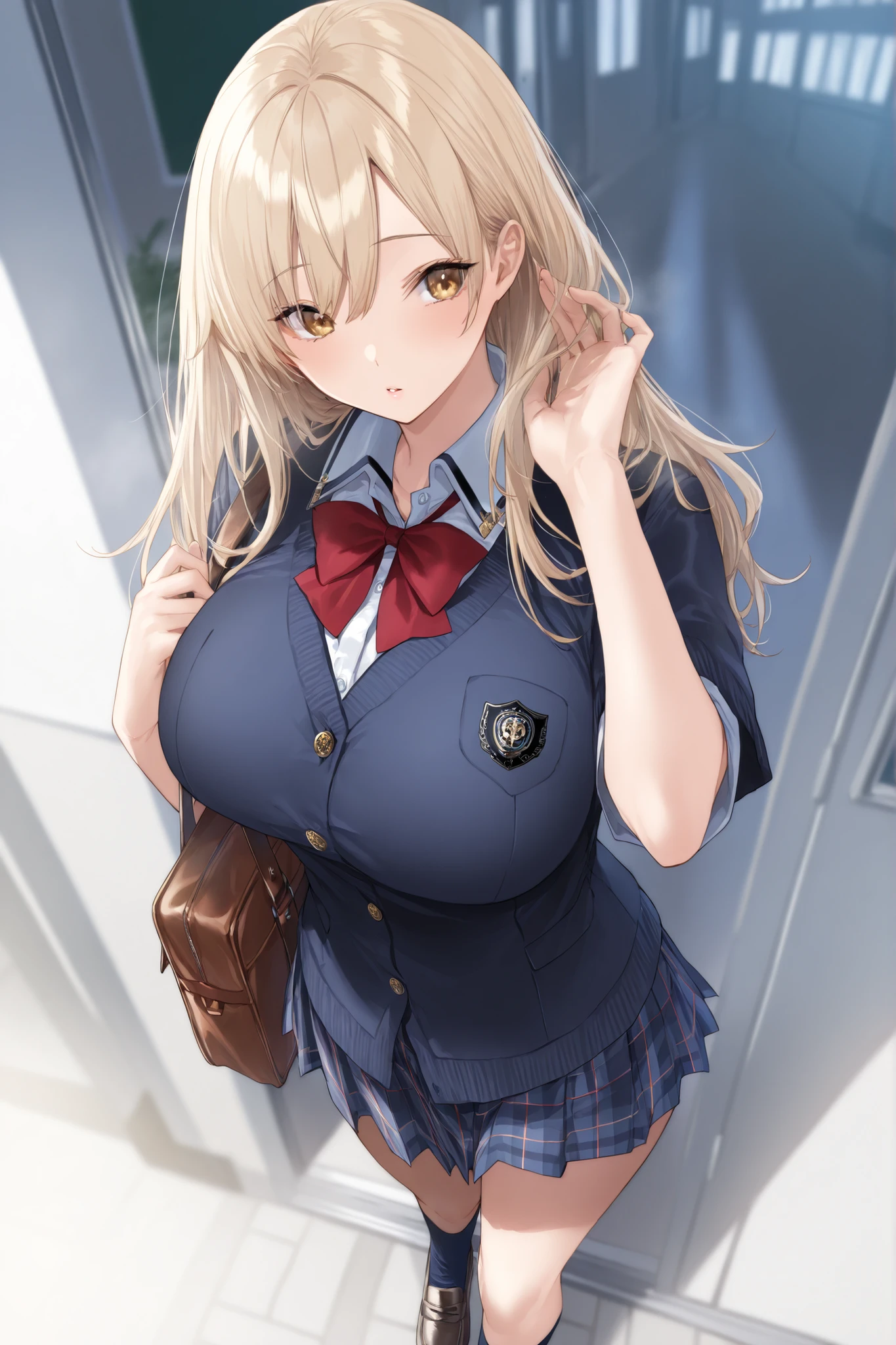 1girl, quality, very aesthetic, ultra-detailed, best illustration,female ,1girl,school uniform, beige blond hair,big breasts, Photographic portrait of beautiful women, standing,loafers