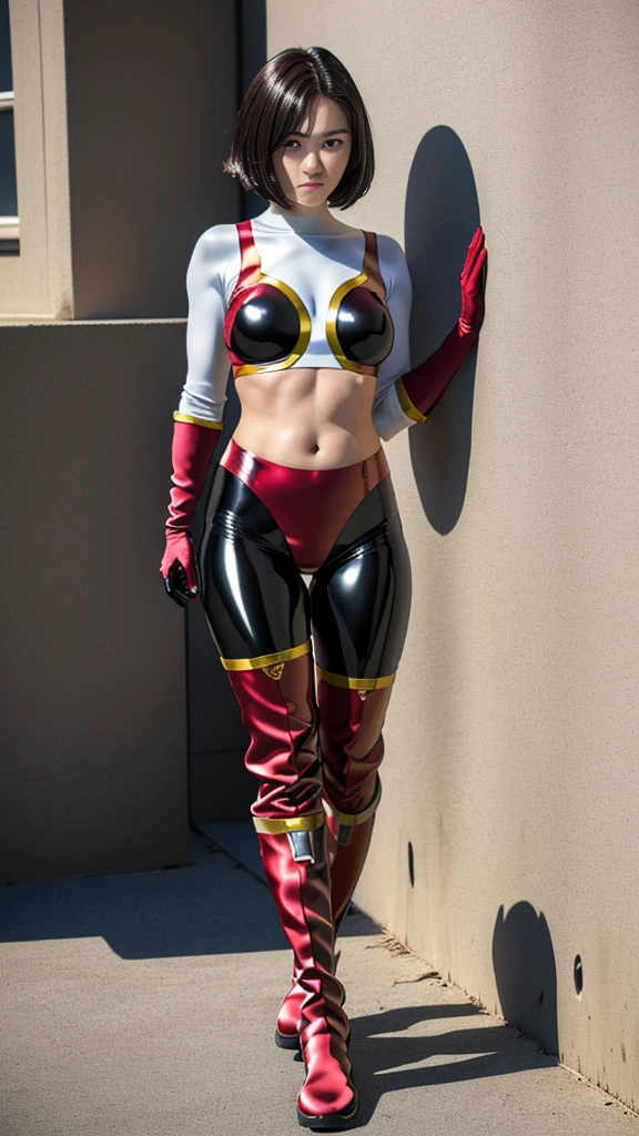 (Muscular:2.4), (thick thighs:2.4), (ginger female, green eyes, pale skin, red hair:1.5), adult, (short hair:1.6), glasses, (earrings, eyeshadow, lipstick), (upper body view, three quarter view:1.5), (striations), (flat chest), (hard nipples), (choker, skintight red bodysuit:2), (small cape:1.4), (sculped muscles:1.6), detailed eyes, (athletic body:1.5), (muscular body:2), (looking at viewer), (big smile:1.6), rim lighting from the front, two tone lighting, (dimly lit), clean skin, low key (DETAILED SKIN)