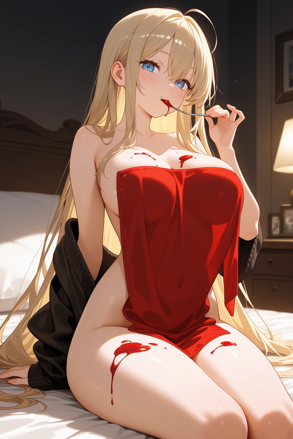 (very close up) (1girl) (adult woman) (topless:1.1) (naked) (lying in bed) (ruby red chains on wrists) (wrists chained together:1.5) (wrists above head) (ankles chained together:1.5) (stretching:1.5) (extremely stretched body:1.5) (girl looking at viewer intently) (ruby red halo) red rose choker, night, dark cozy bedroom, Good lighting, Shadows in the movies, (extremely large breasts:1.4), (very thin waist), Long HAIR, (blonde hair), original HAIR style, Dynamic Angle, (detailed face:1.3) (dynamic lighting:1.1), (orgasm), (face in pain:1.7) (ruby red eyes glowing with power) (ruby red leaf bracers on arms) (ruby red leaf hair piece) (elaborate ruby necklace) (red roses on bed) (red roses in hair) (stunning beautiful red eyes)