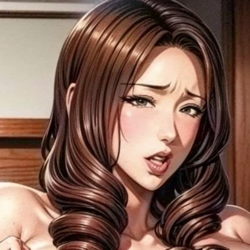 a very happy hayase misa, anime style, single_panel, 1woman, solo, elegant woman, Big Boobed Woman, (pale skin), red lipstick, brown hair, detailed hairstyle, green eyes, ((Skindentation)), glistening, glistening body, large breasts naked well_proportioned_figure, hourglass_figure, nude, happy, (very red blushing:1.4), exposed body, naked . big perfect nipples, shiny skin, sitting on a bed, legs spread, pussy showing, (happy, horny:1.4), Misa Hayase, Anime, Macross, beautiful, green eyes, small mouth, Long brown hair, elegant, long face, light skin, small nose, (sharp focus:1.5), sweating,