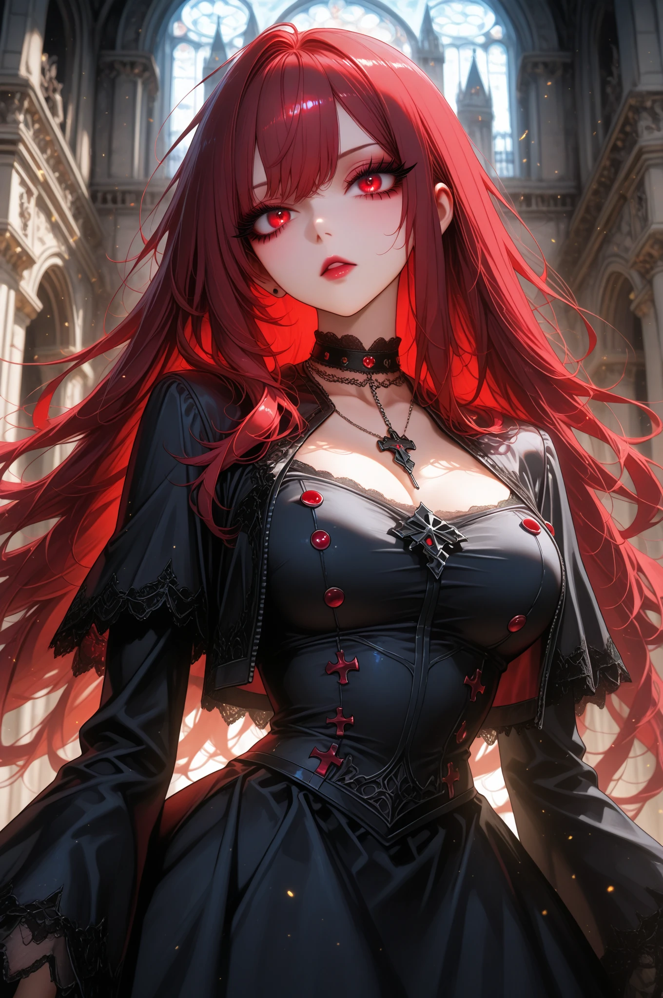 Princesa das trevas com os olhos de sangue, red hair, crown, evil smile, anime style, lens flare, high detail, first-person view, cinematic lighting, masterpiece, super detail, best quality, 8k, UHD