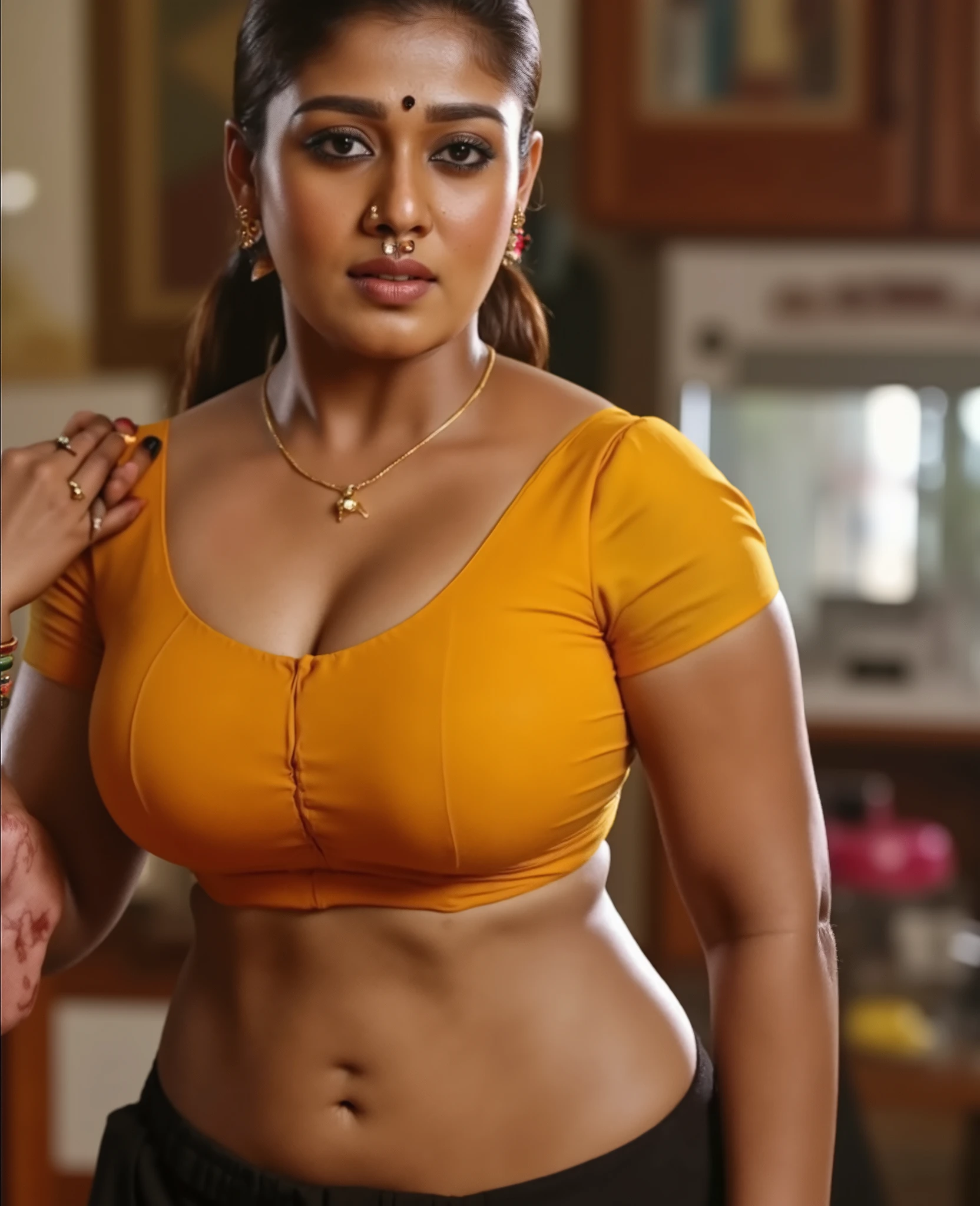 Super body, yellow blouse, black see through saree, working in kitchen, sweat drops seen in her body, hair tied around, flowers in head, red lips, deep navel, sexy waist folds, nosering, Fit and curvy body, sleeveless blouse, costly room, bangles in hand, bindi in forehead, 8k , intricate details